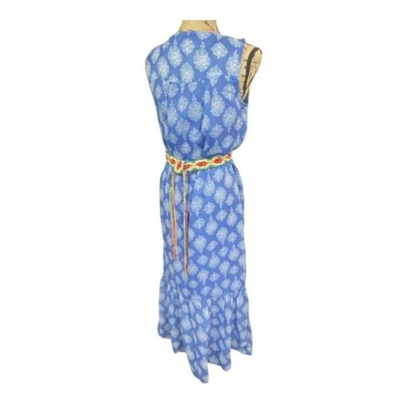 Lucky Brand Blue Ikat Maxi Dress Small Sleeveless Ruffle Bottom Buttons - Picture 11 of 12